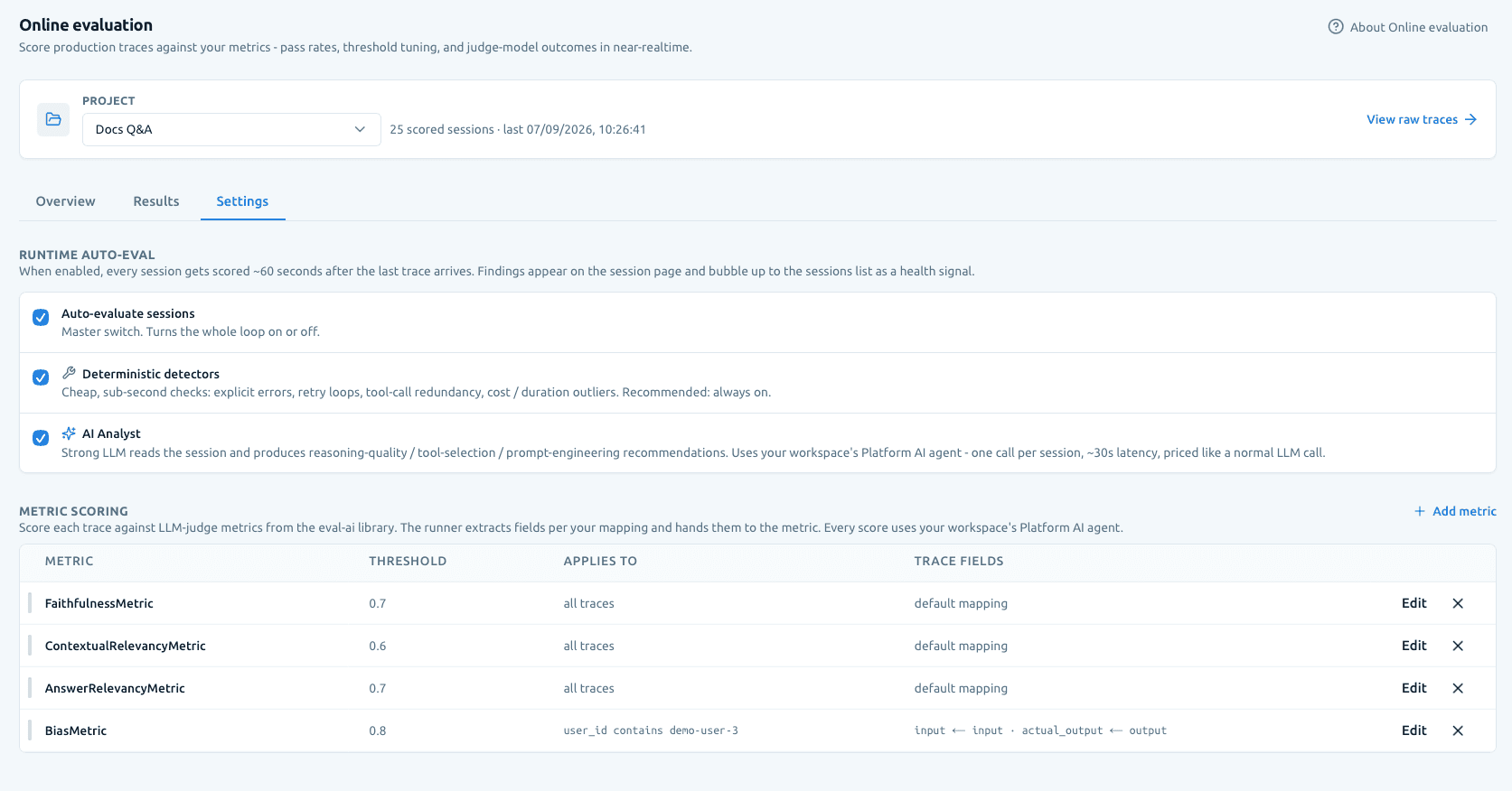 The online evaluation settings in EvaliQA: runtime auto-eval toggles for deterministic detectors and the AI Analyst, and a metric-scoring table with each metric's threshold, scope and trace-field mapping