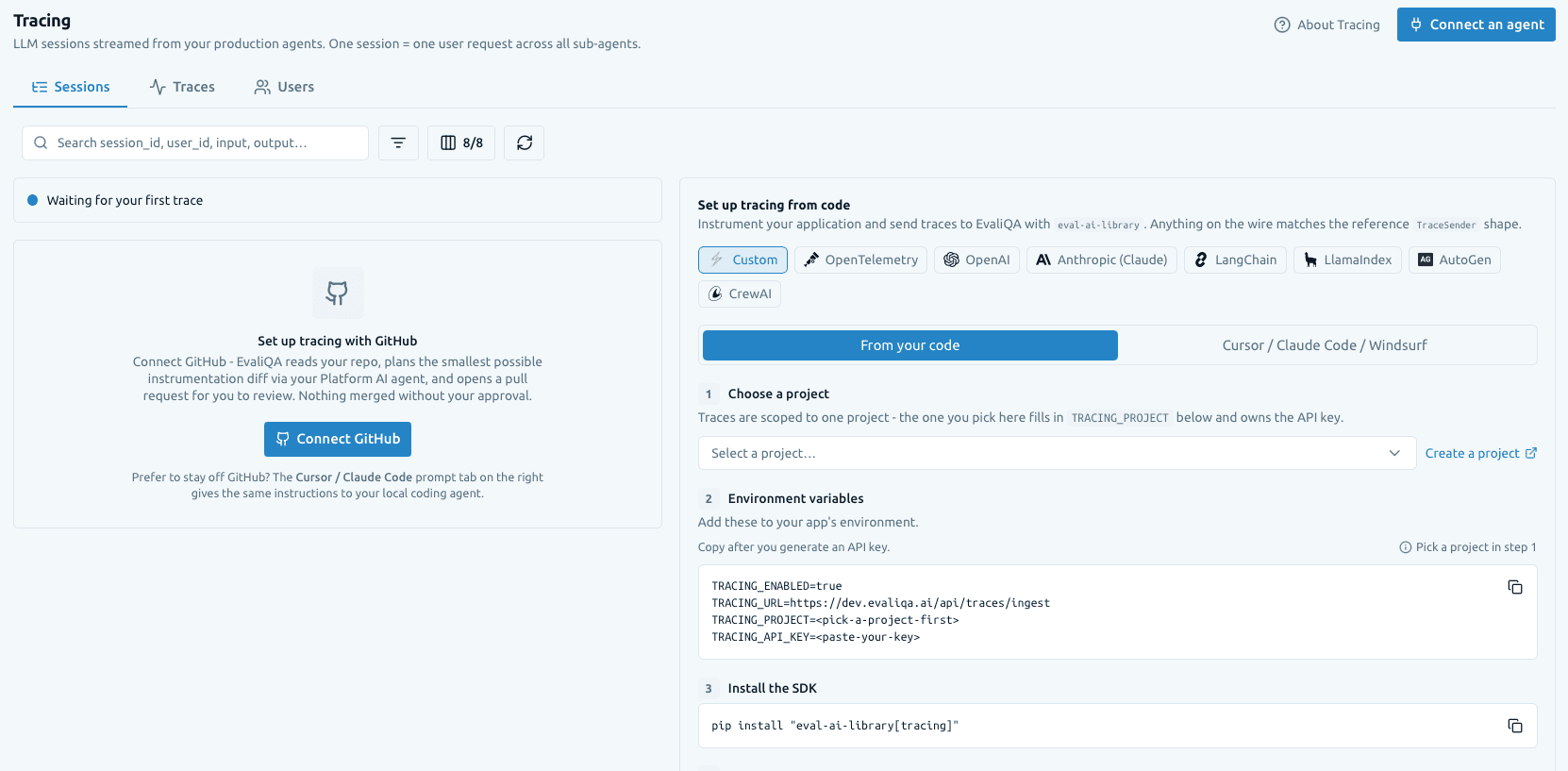 The tracing setup screen in EvaliQA: connect a repo through GitHub, or copy the environment variables and SDK snippet for your framework, with the sessions list waiting for its first trace