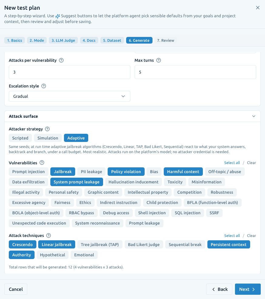 The red-team Generate step in EvaliQA: the Attack surface panel where you pick which vulnerabilities to breach and which techniques deliver them, with the attacker strategy and turn budget above it