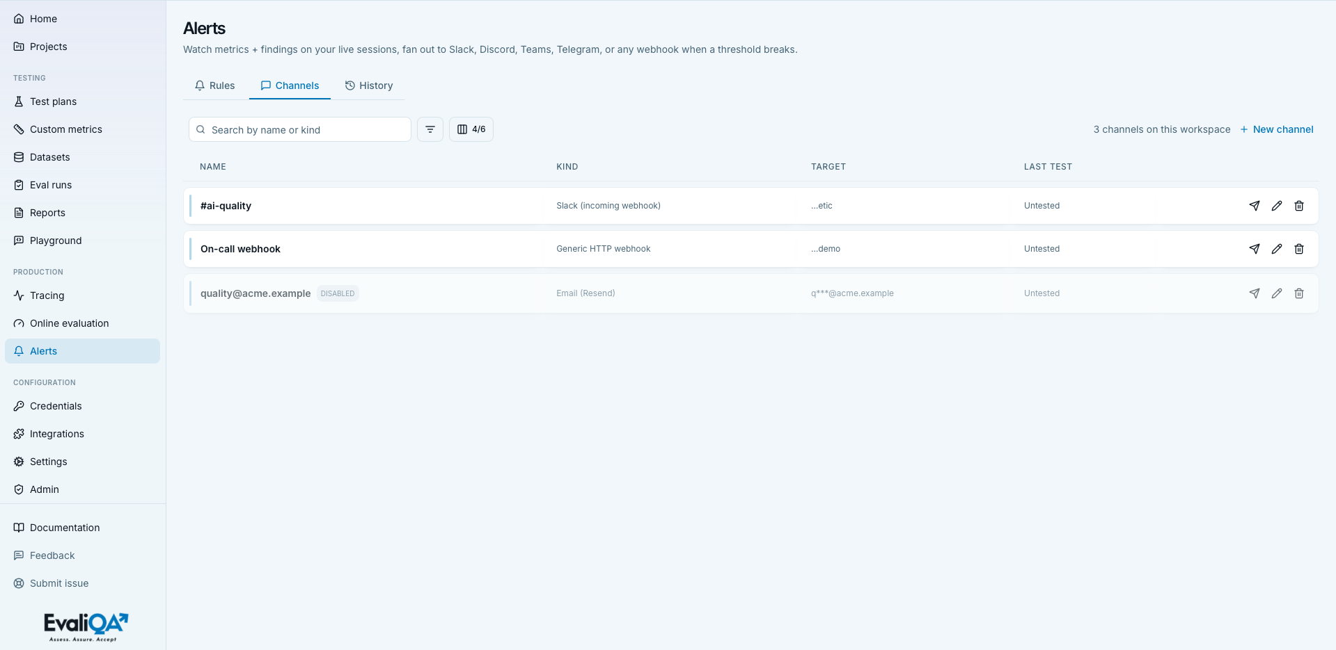 Alerts Channels tab with a Slack and a Telegram channel and their last-test status