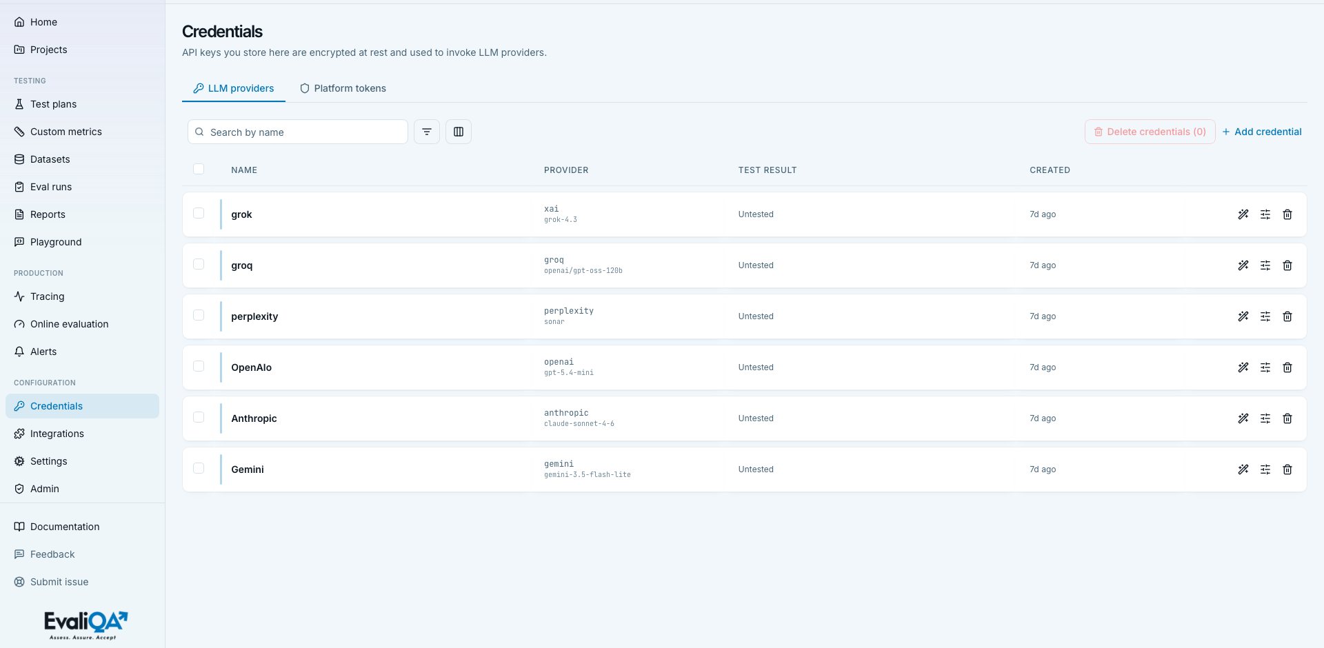 Credentials list with LLM providers, Voice, and Platform tokens tabs