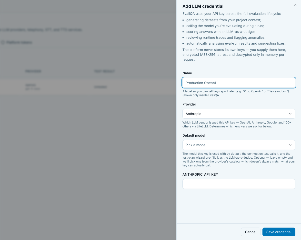New credential drawer with provider picker and secret fields