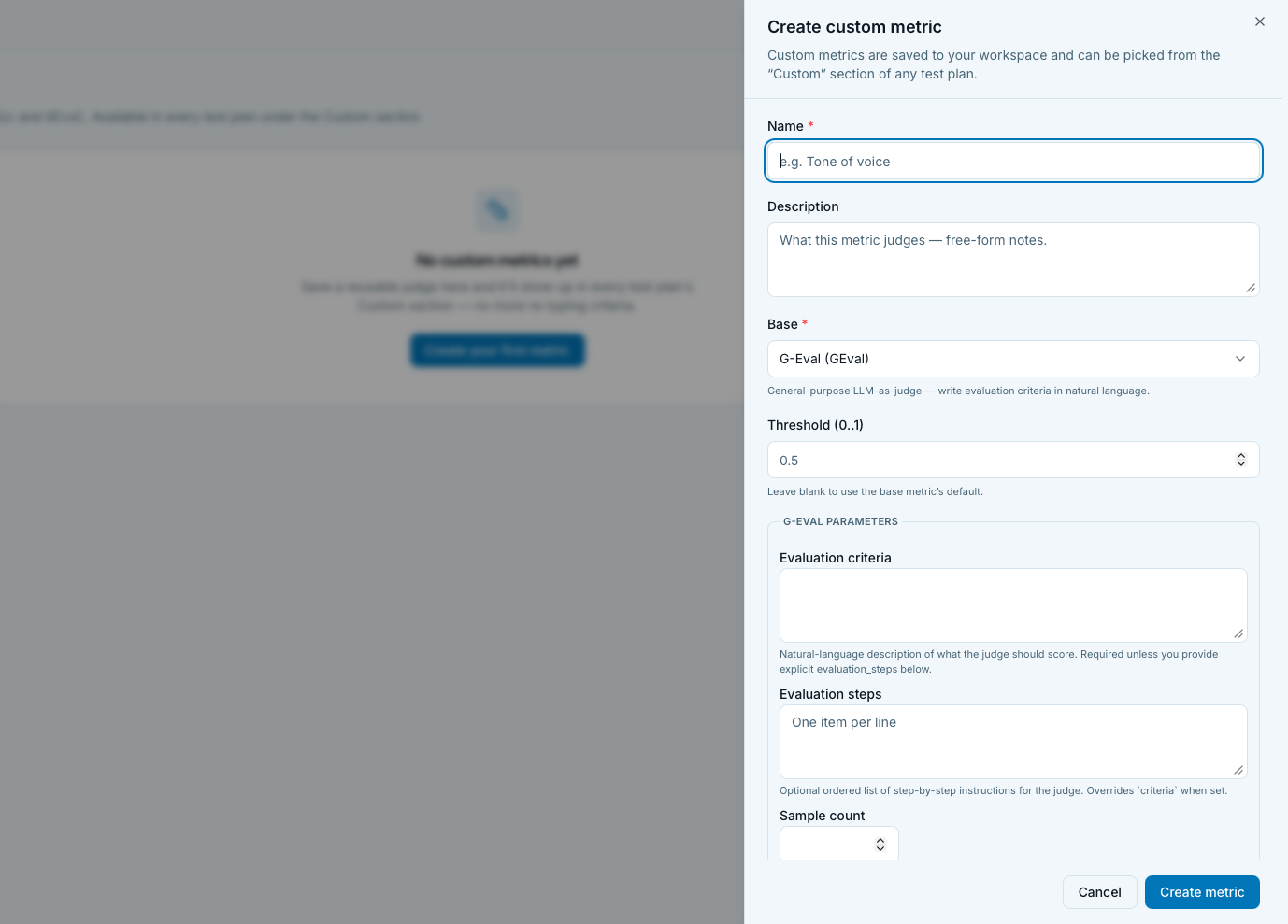 Custom metric create drawer with base selector and parameter fields