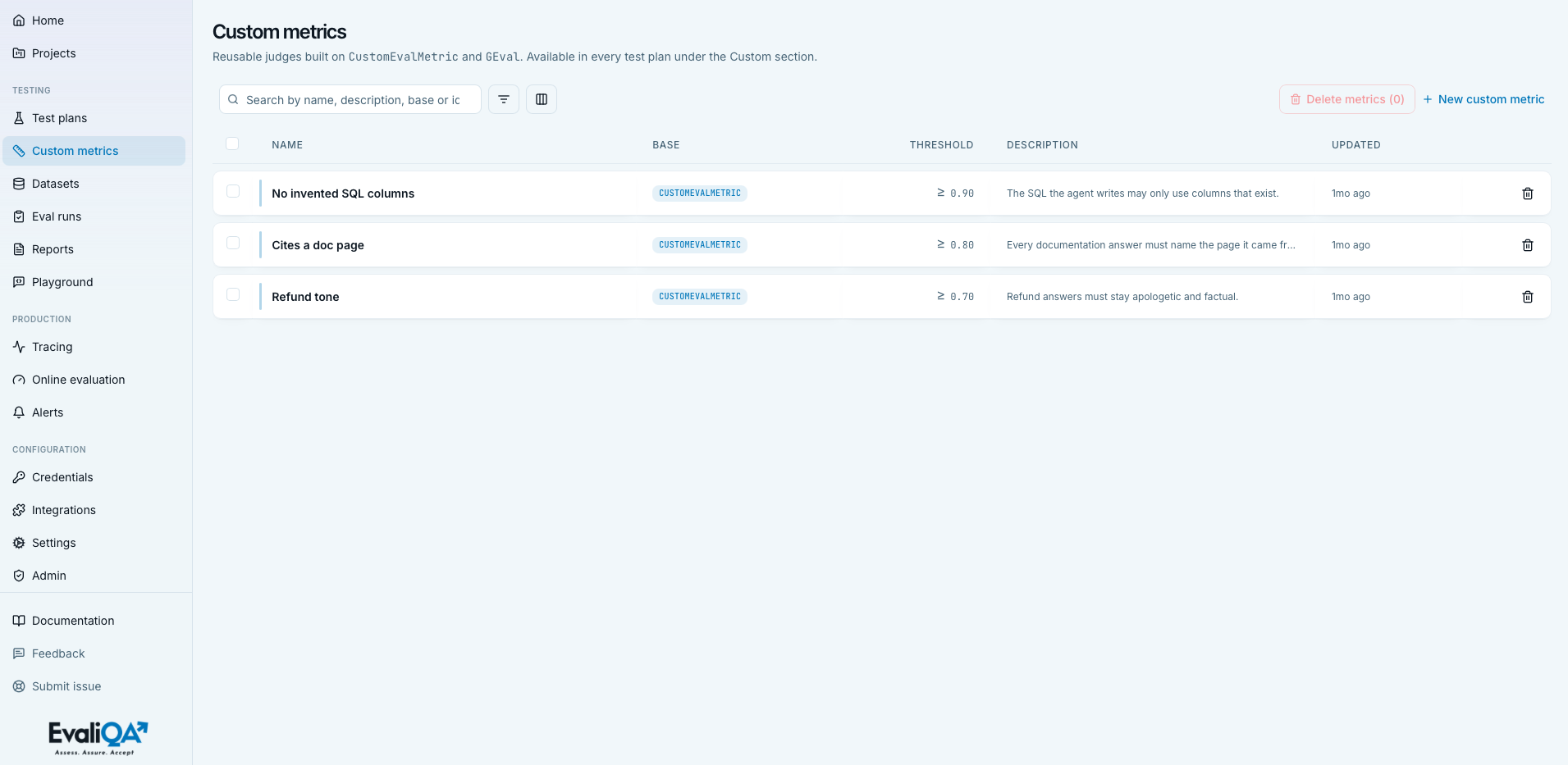 Custom metrics list showing rows with base pill, threshold, and description