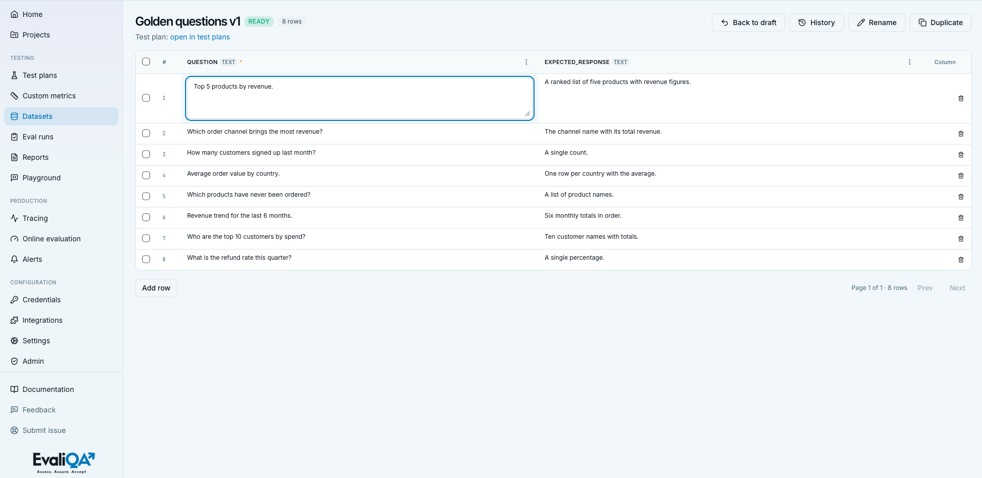 Dataset editor table view with columns, cells, and per-cell edit affordances