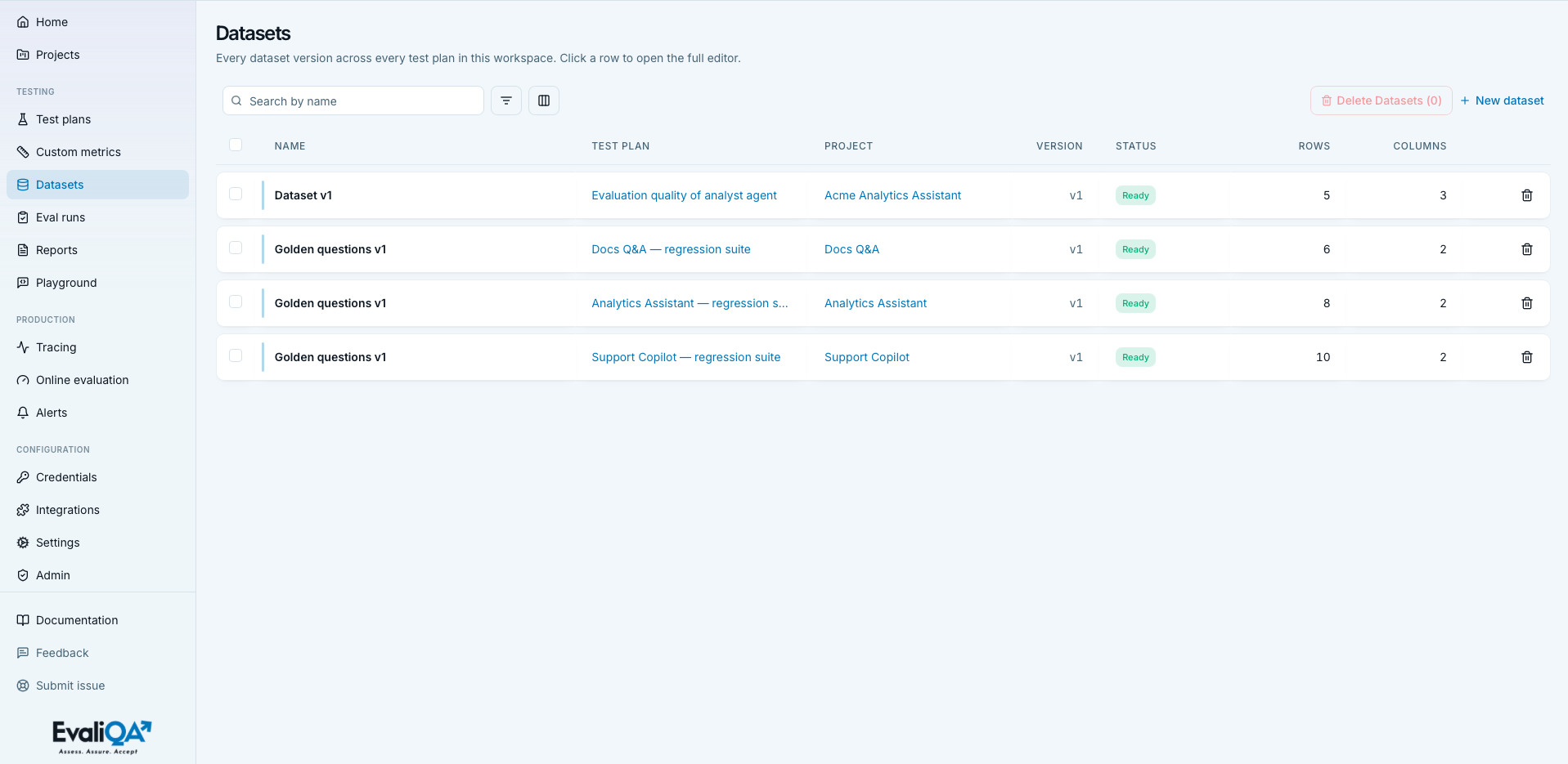 Datasets list showing versioned rows with status badges and row counts
