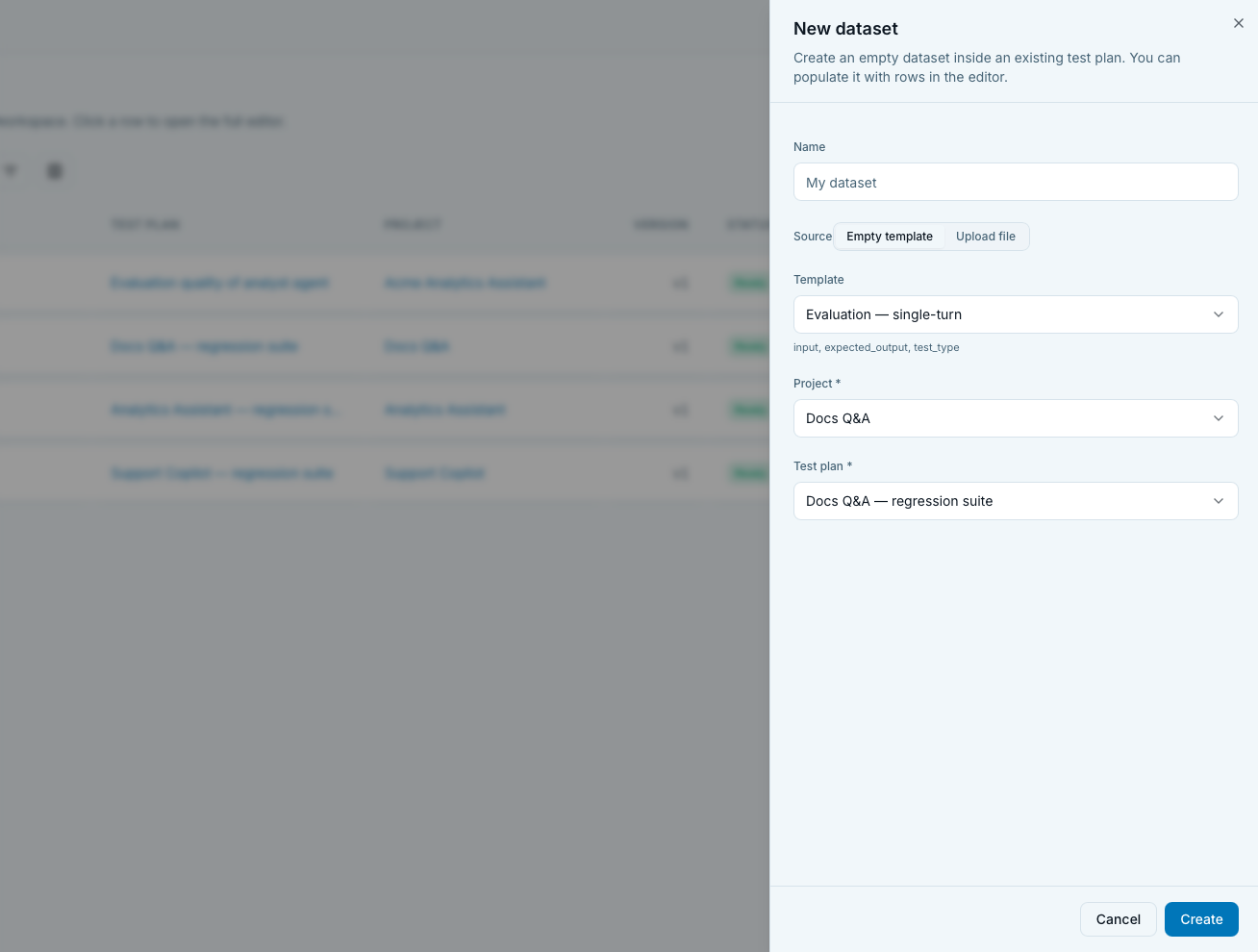 New dataset drawer with Empty template and Upload file tabs