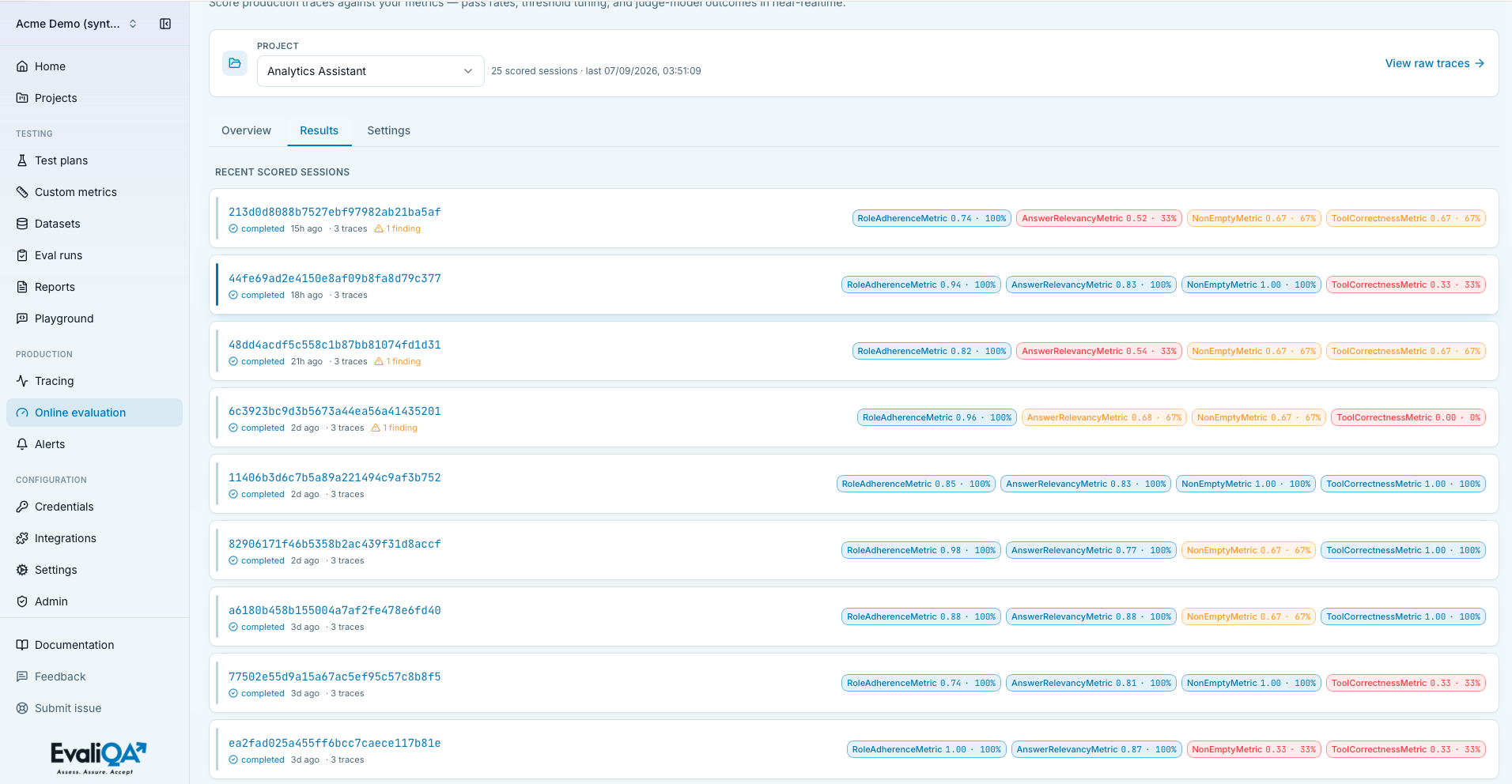 Online evaluation Results tab with recent scored sessions and per-metric badges