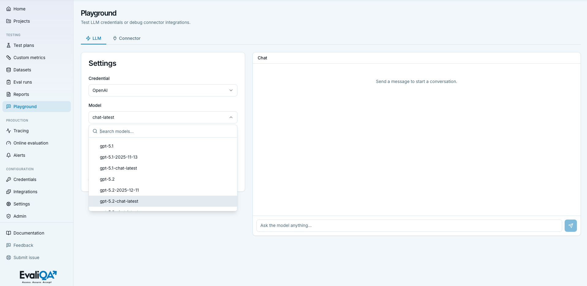 LLM tab with credential, model, system prompt and temperature controls