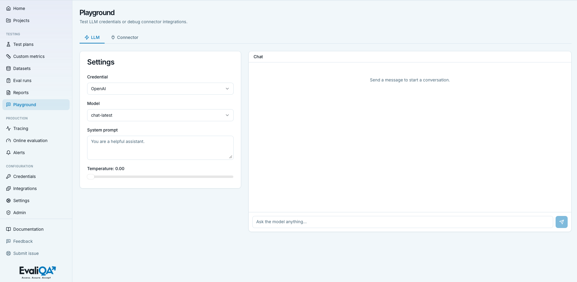 Playground with LLM and Connector tabs, form panel on the left, chat on the right