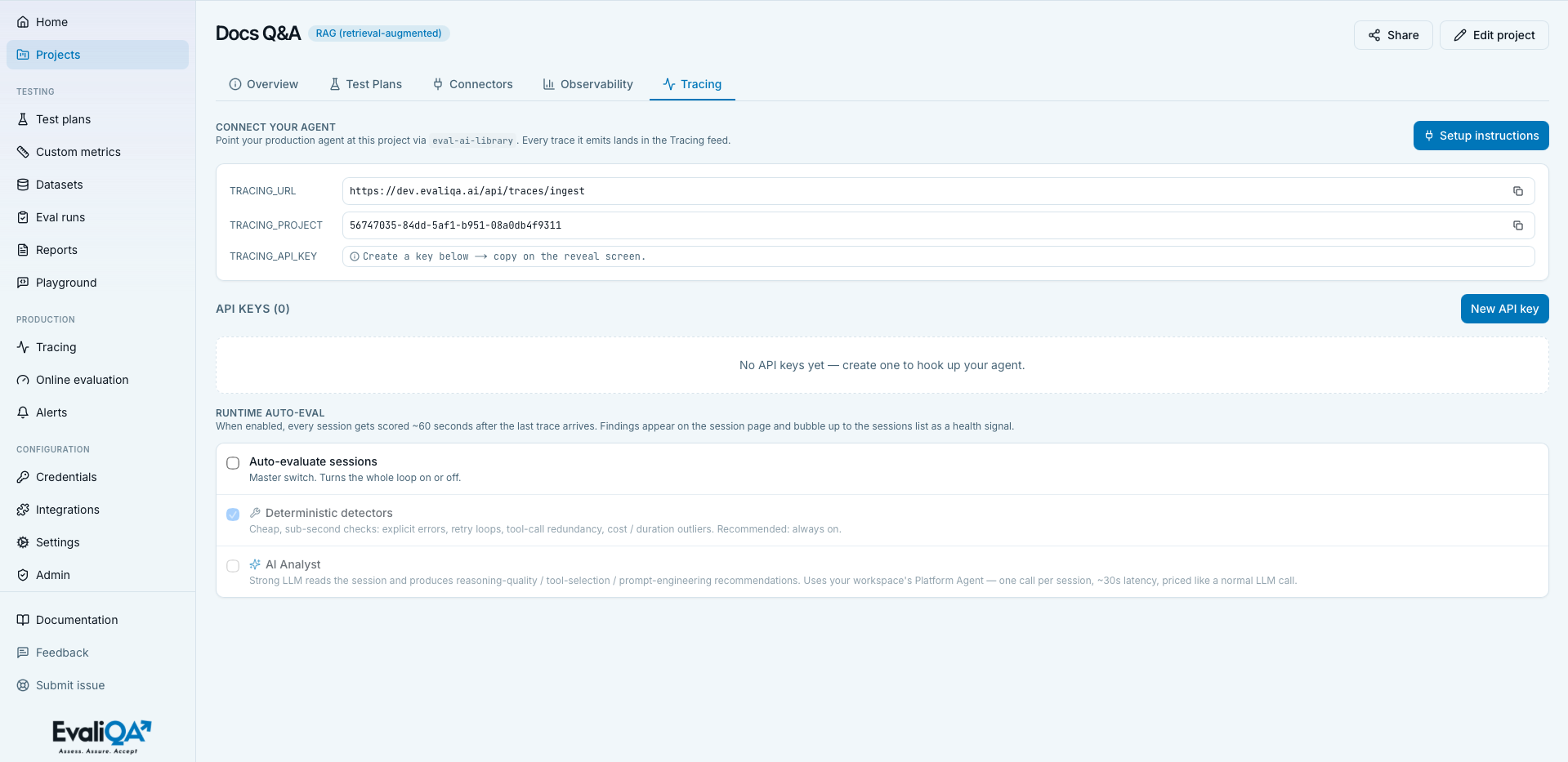 Project Tracing tab with the API key list, a New API key button, and the Runtime auto-eval switches