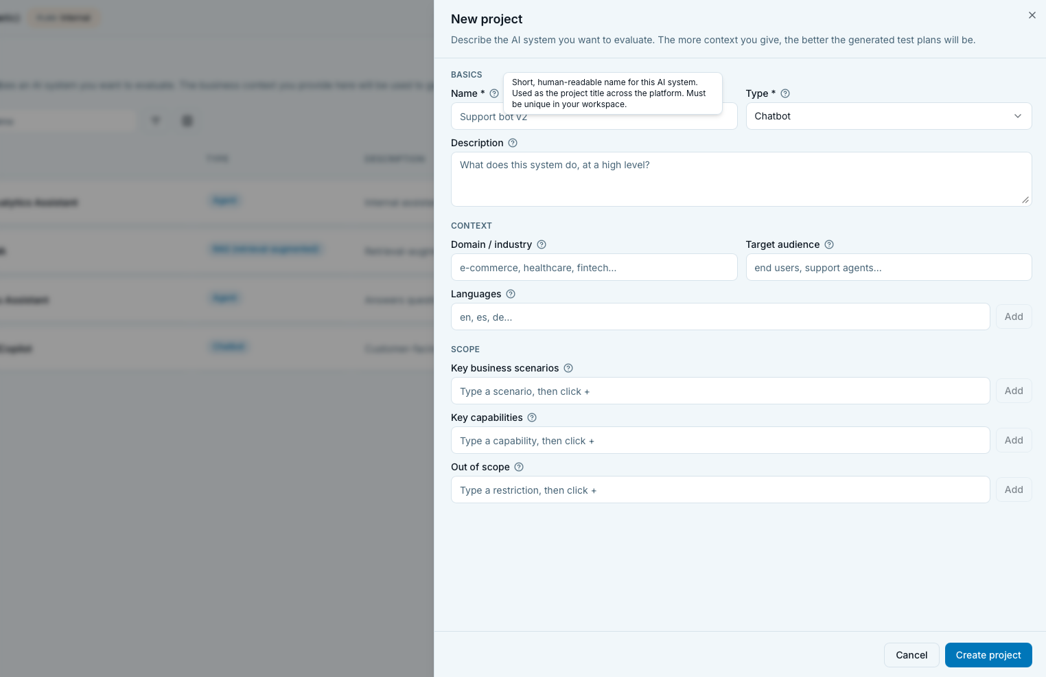 Project create drawer with Basics, Context, and Scope sections
