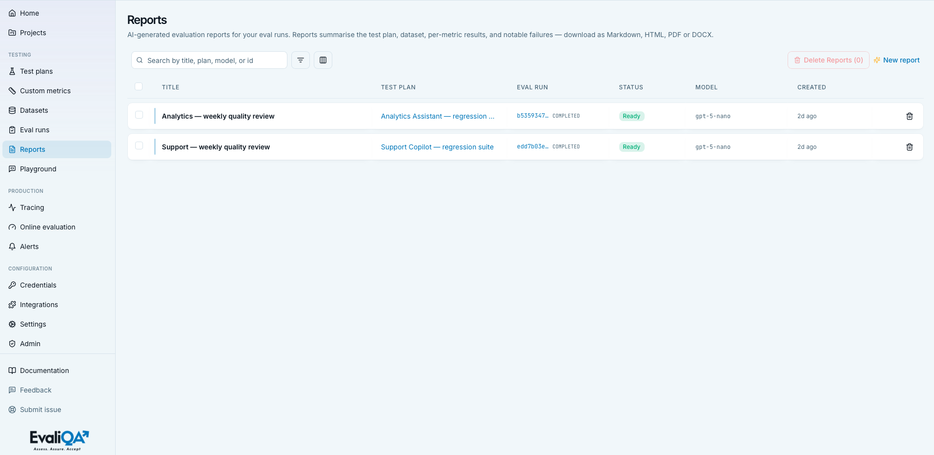 Reports list showing entries linked to plans and runs, with status badges