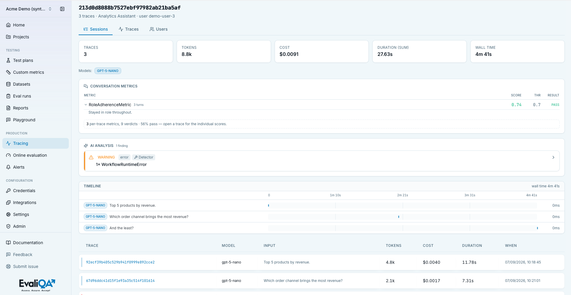 Session detail page with KPI tiles, the Analysis panel, and the gantt timeline