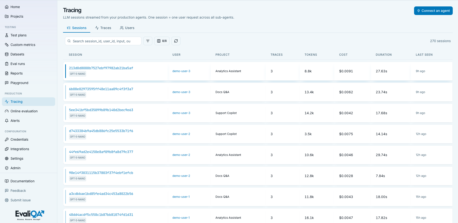 Runtime eval Sessions tab with the search toolbar, project picker, and session rows