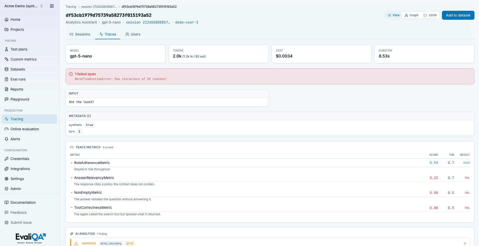 Trace detail page with the span tree, the Trace metrics card, and AI analysis