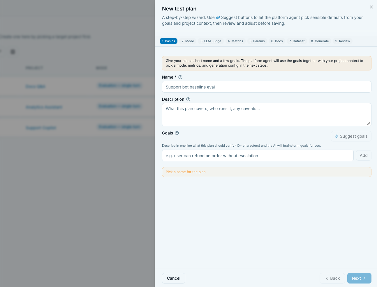 Test plan wizard on step 1