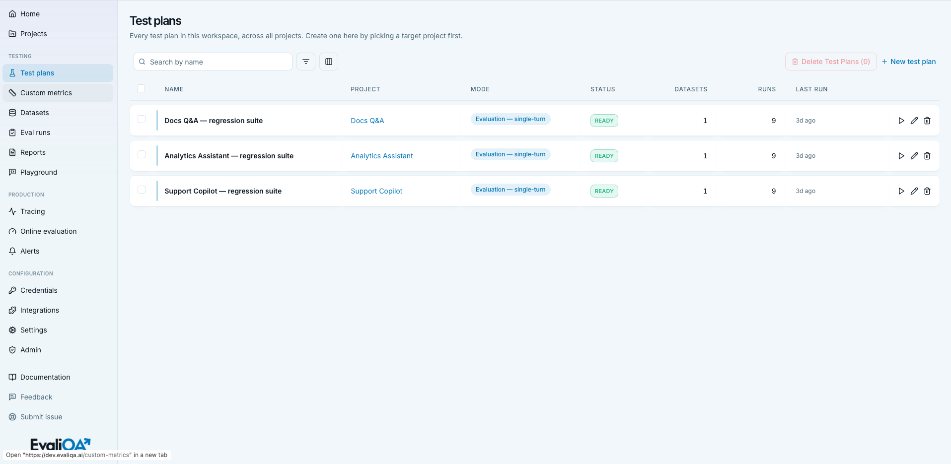 Test plans list showing rows with mode and status badges, dataset and run counts